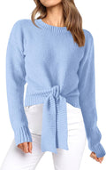 Womens Cropped Tie Front Sweater - Chunky Cable Knit Pullover