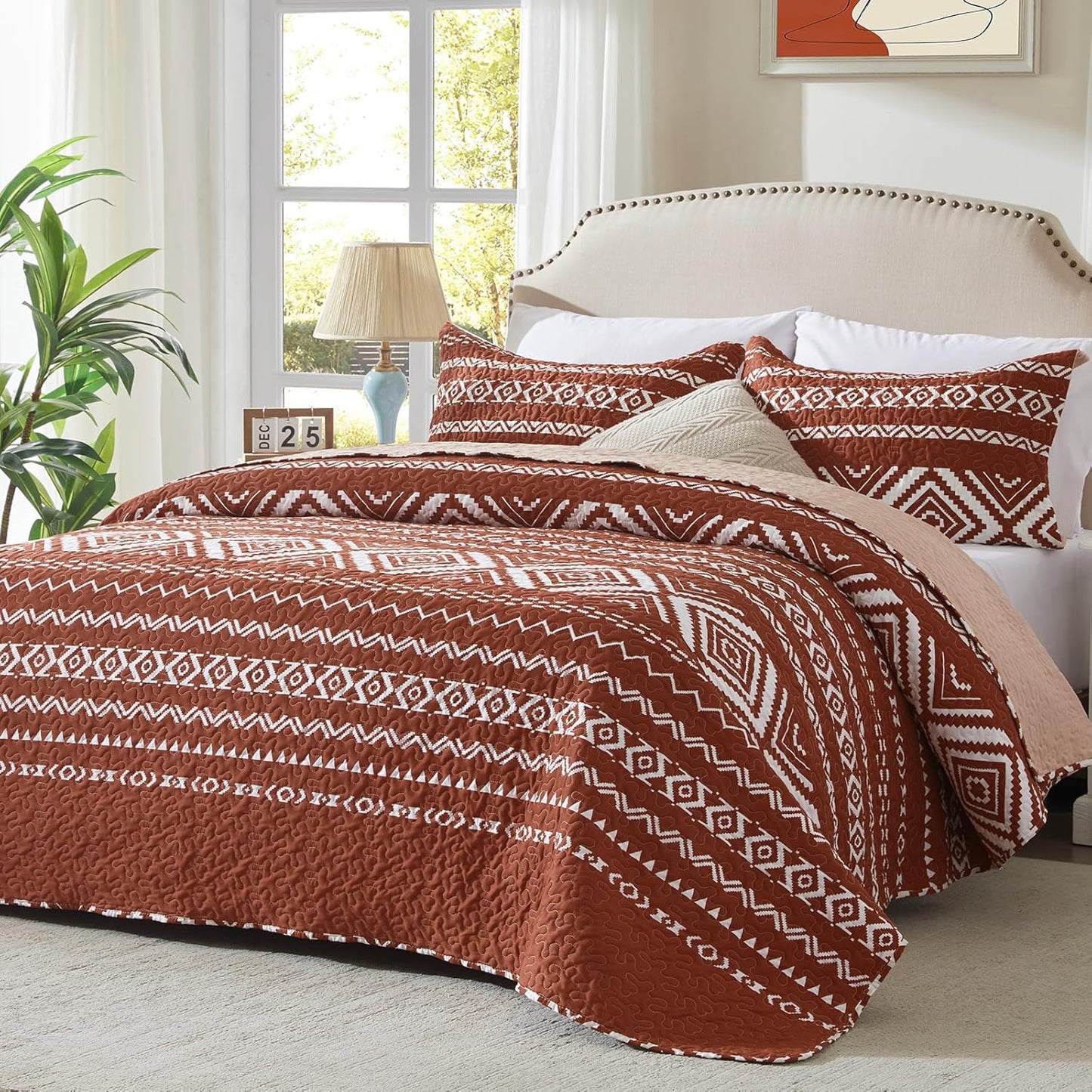 LEAONME 3-Piece Burnt Orange Quilt Set for Queen Size Beds