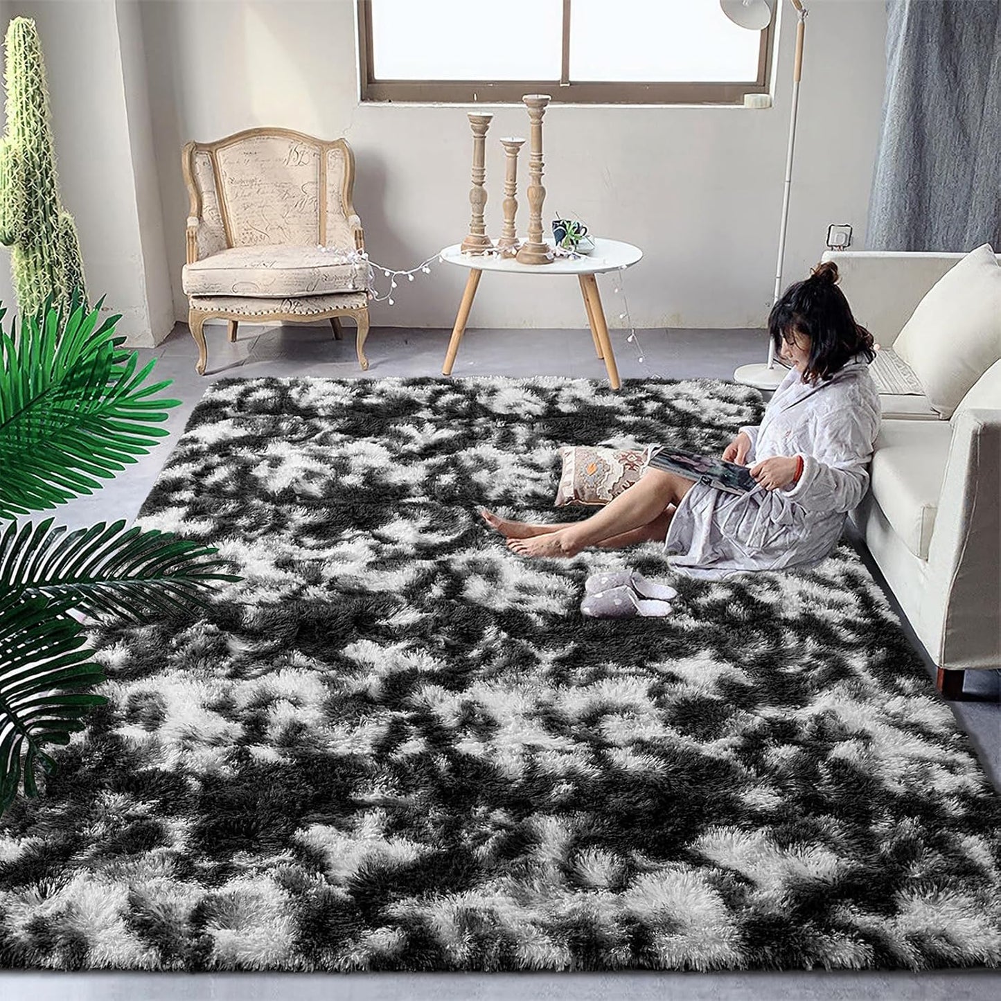 DweIke Fluffy Black White Shag Rugs for Cozy Living Spaces
