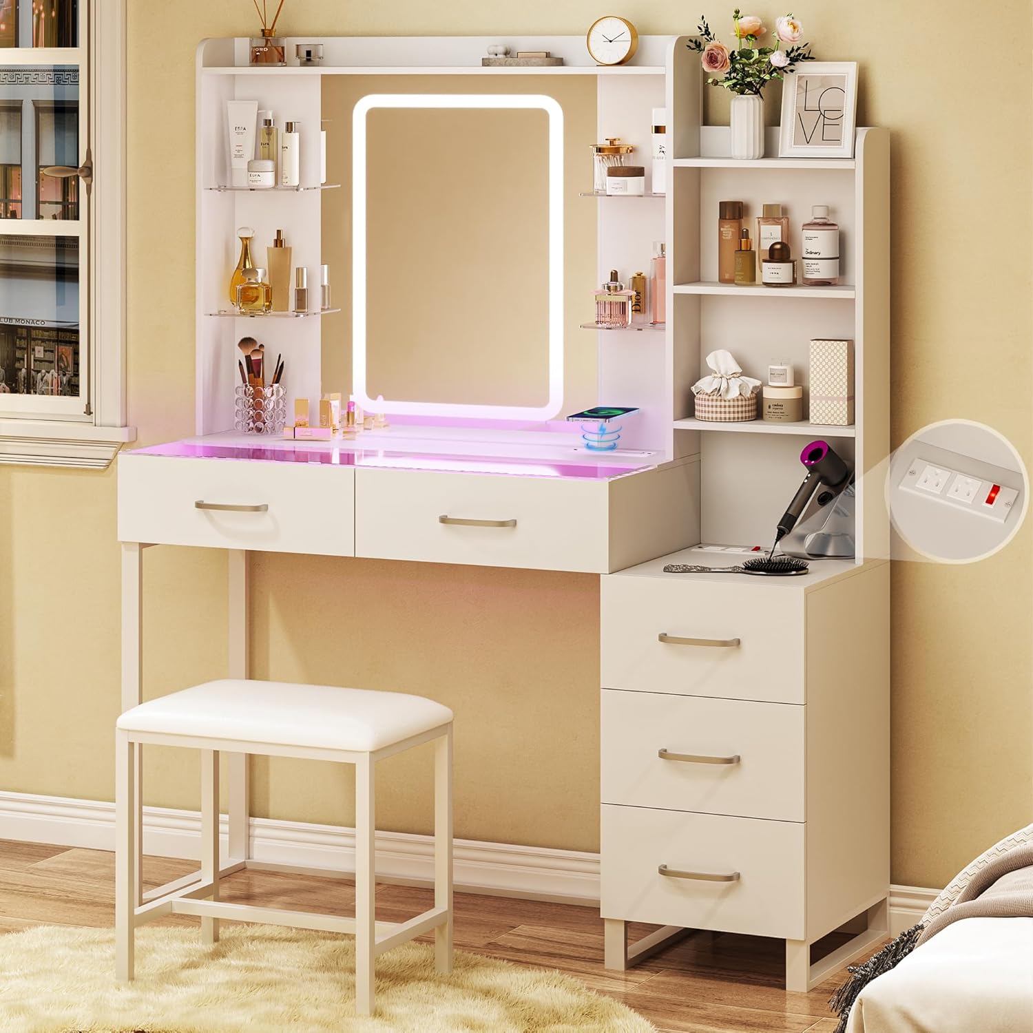 43 Vanity Desk with LED Lights & Wireless Charging - RGB Drawers, Glass Top, Power Outlet Switch - White