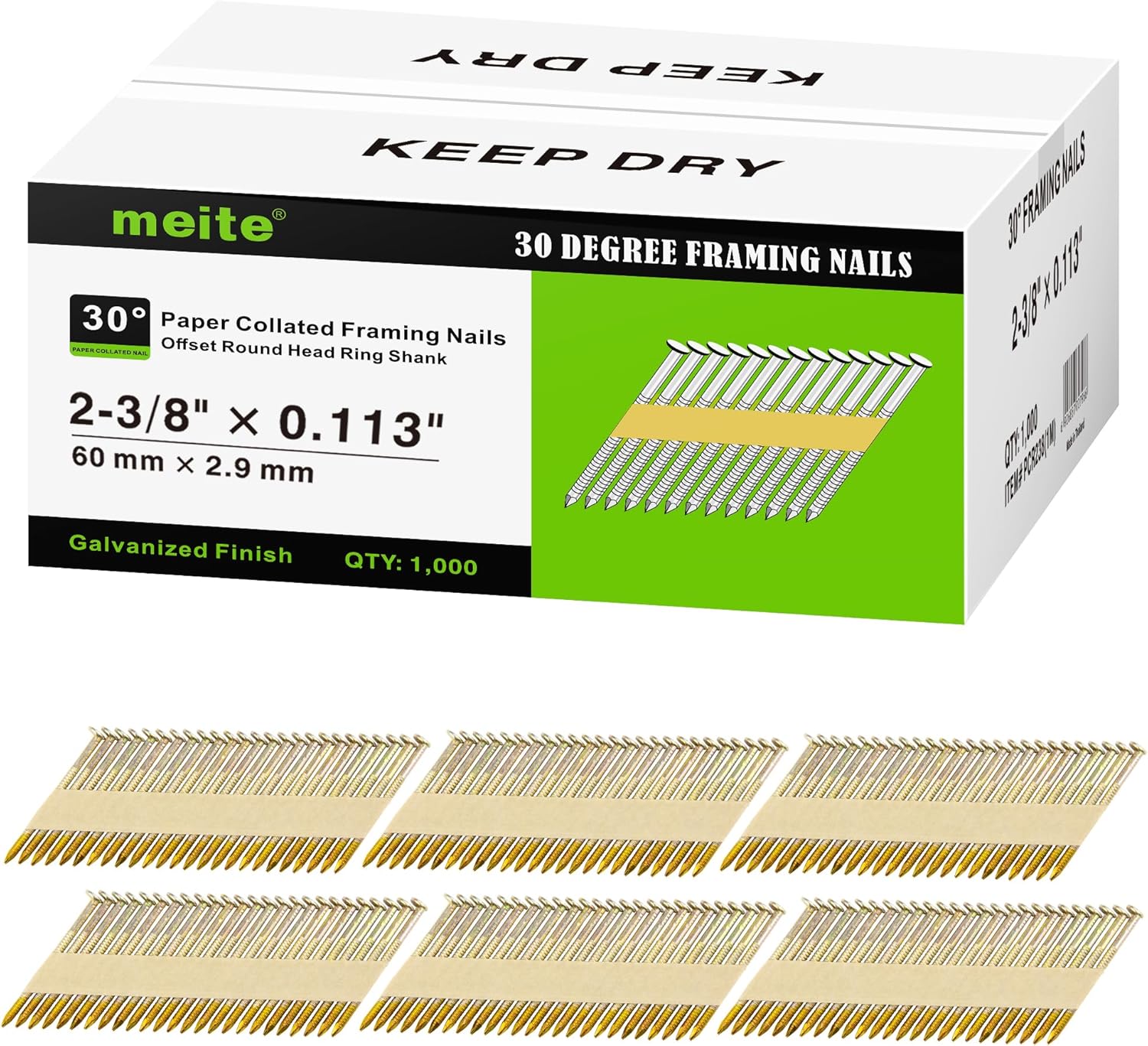 30 Degree Framing Nails for 30-34 Degree Nailers - 1,000 Counts
