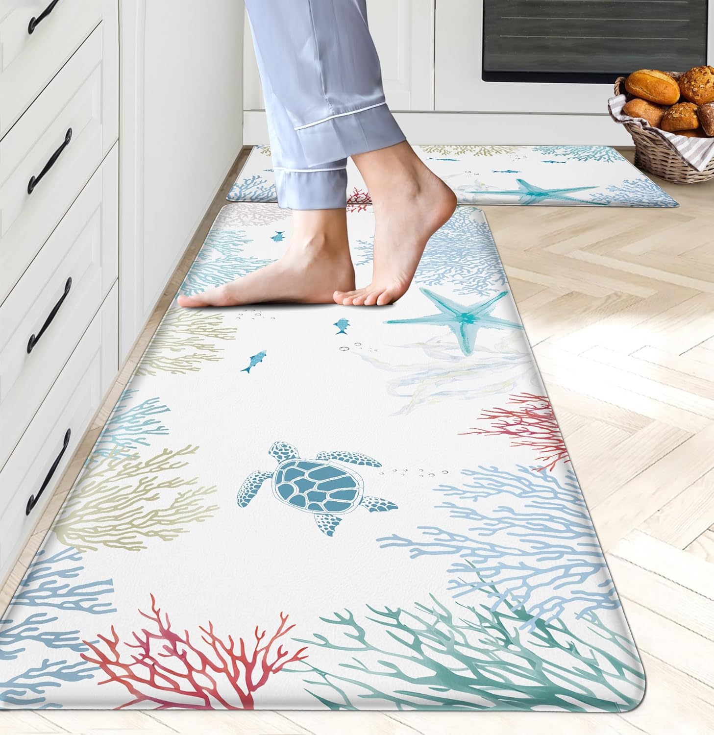 Coastal Beach Kitchen Rugs Set of 2 Non Slip Waterproof Mats