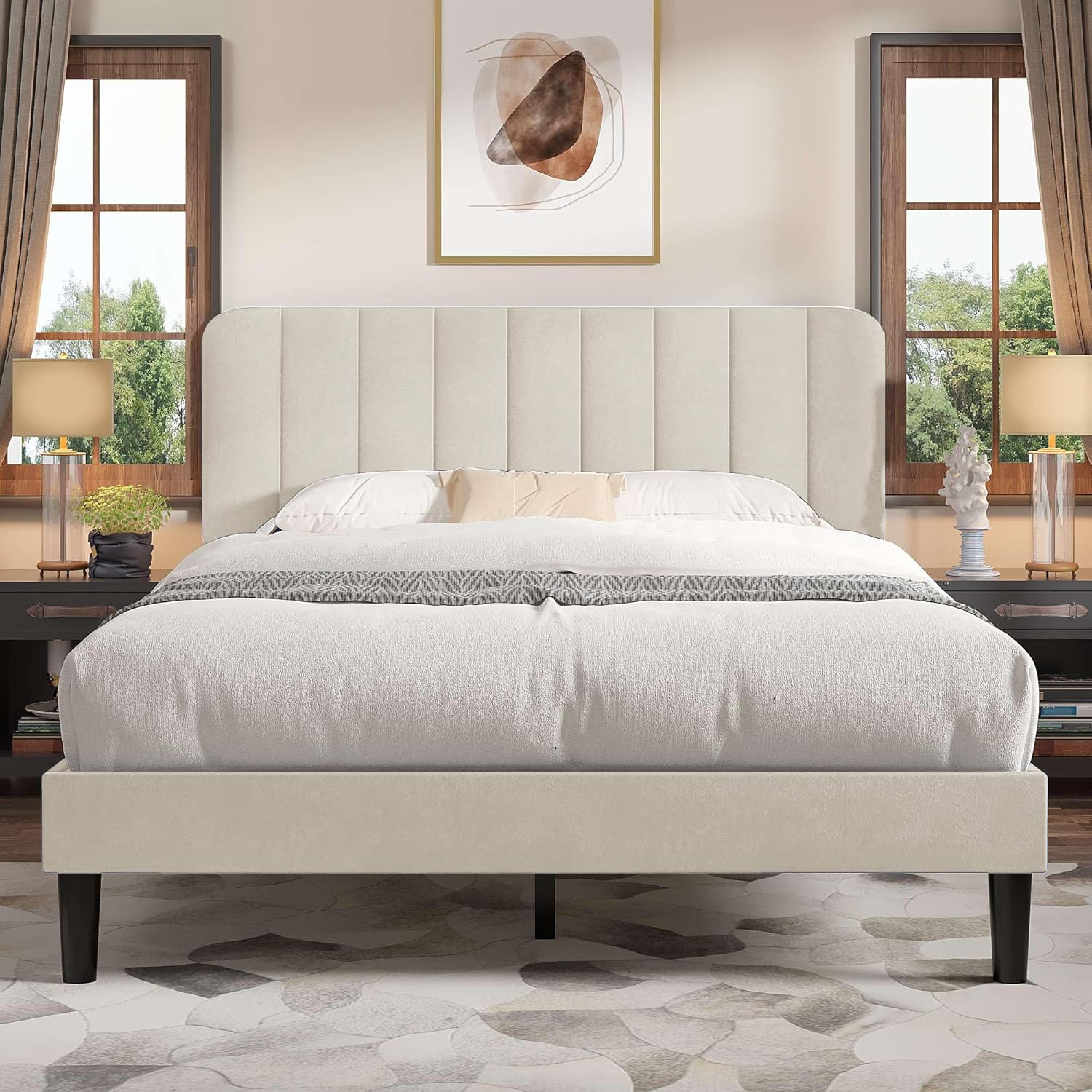 VECELO Queen Size Bed Frame with Upholstered Headboard in Velvet