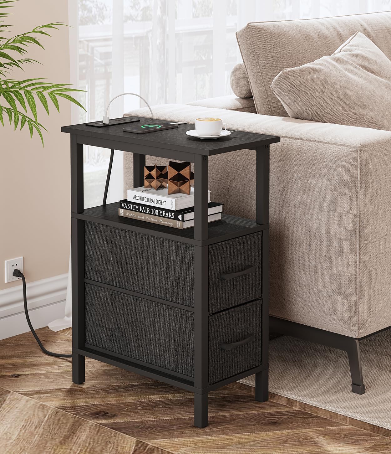 Narrow Side Table with Charging Station for Small Spaces