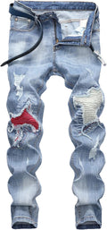 Men's Ripped Straight Slim Moto Biker Jeans - Denim Cotton Fit