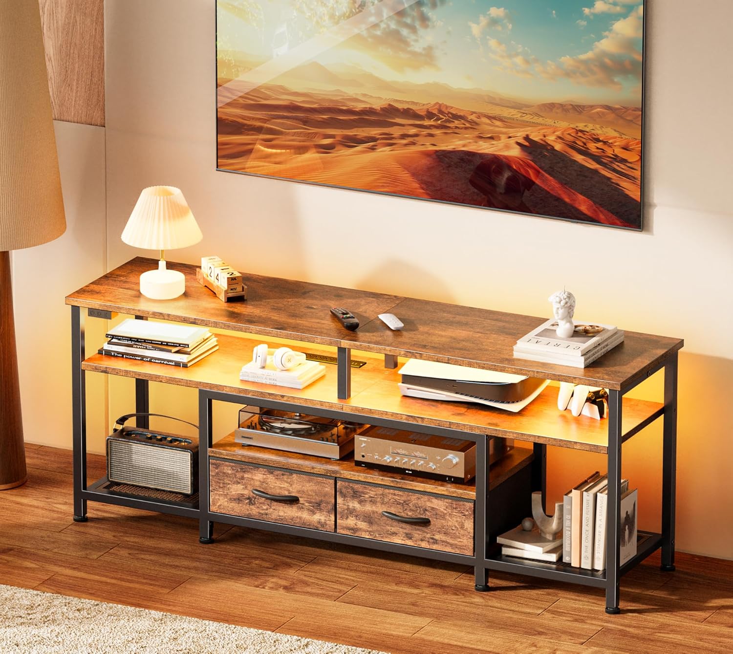 Huuger TV Stand for 55 60 Inch TV with LED Lights and Outlets