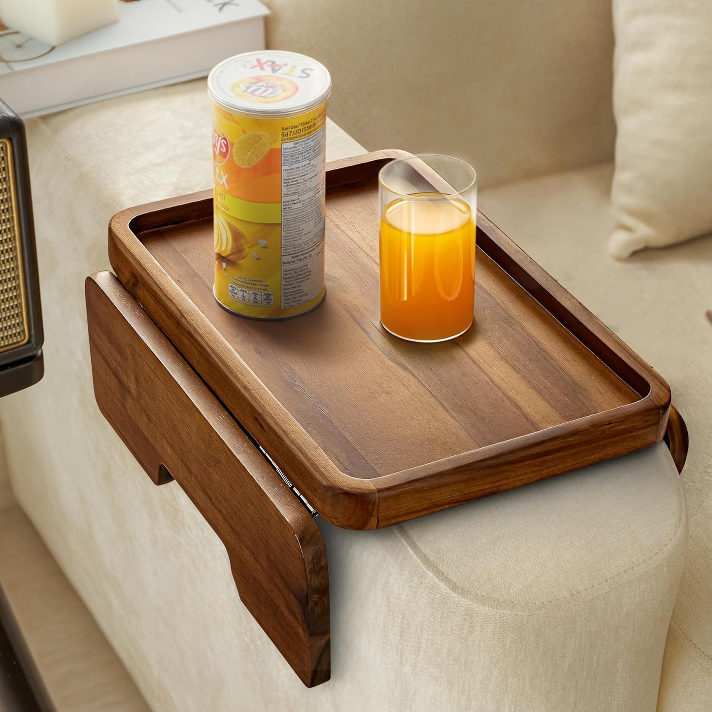 HOLANA Acacia Armrest Tray - Space-Saving Couch Side Table for Eating & Drinks