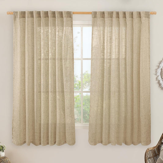 LAMIT Linen Curtains 63 Inch for Bedroom, Light Filtering Panels