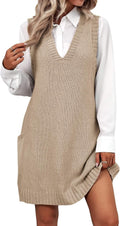 Sweater Vest Dress V Neck Knitted Tank with Pockets - Comfortable Fit