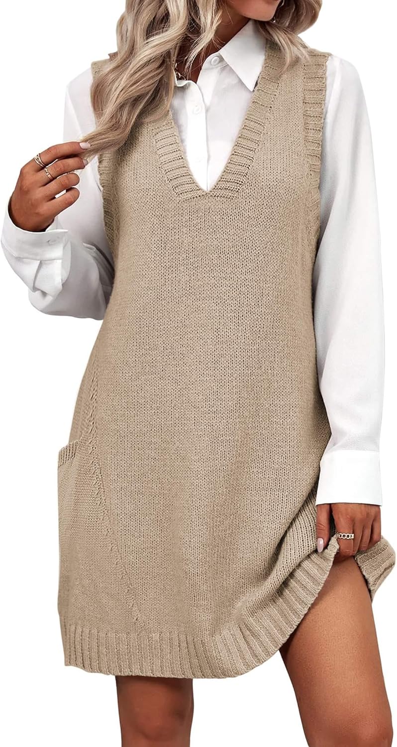Stylish V Neck Sweater Vest Dress with Pockets for Women