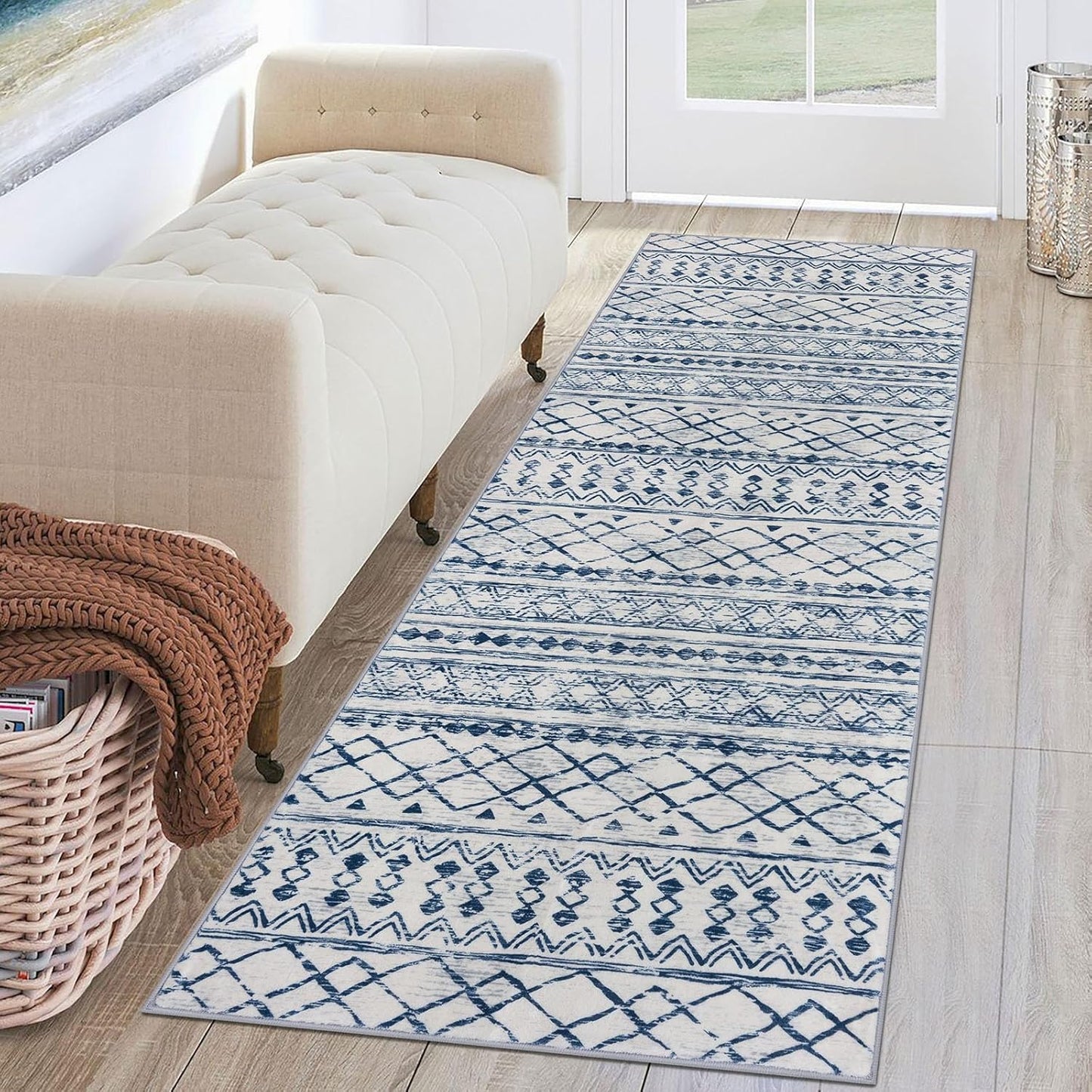 KUTA Moroccan Washable Runner Rug, Vintage Blue White 2x6 Feet