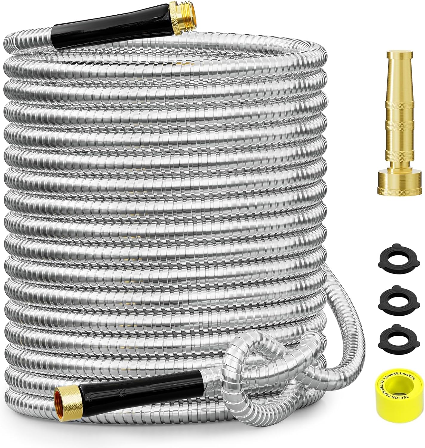 50 ft Stainless Steel Garden Hose with Brass Connectors for Durability