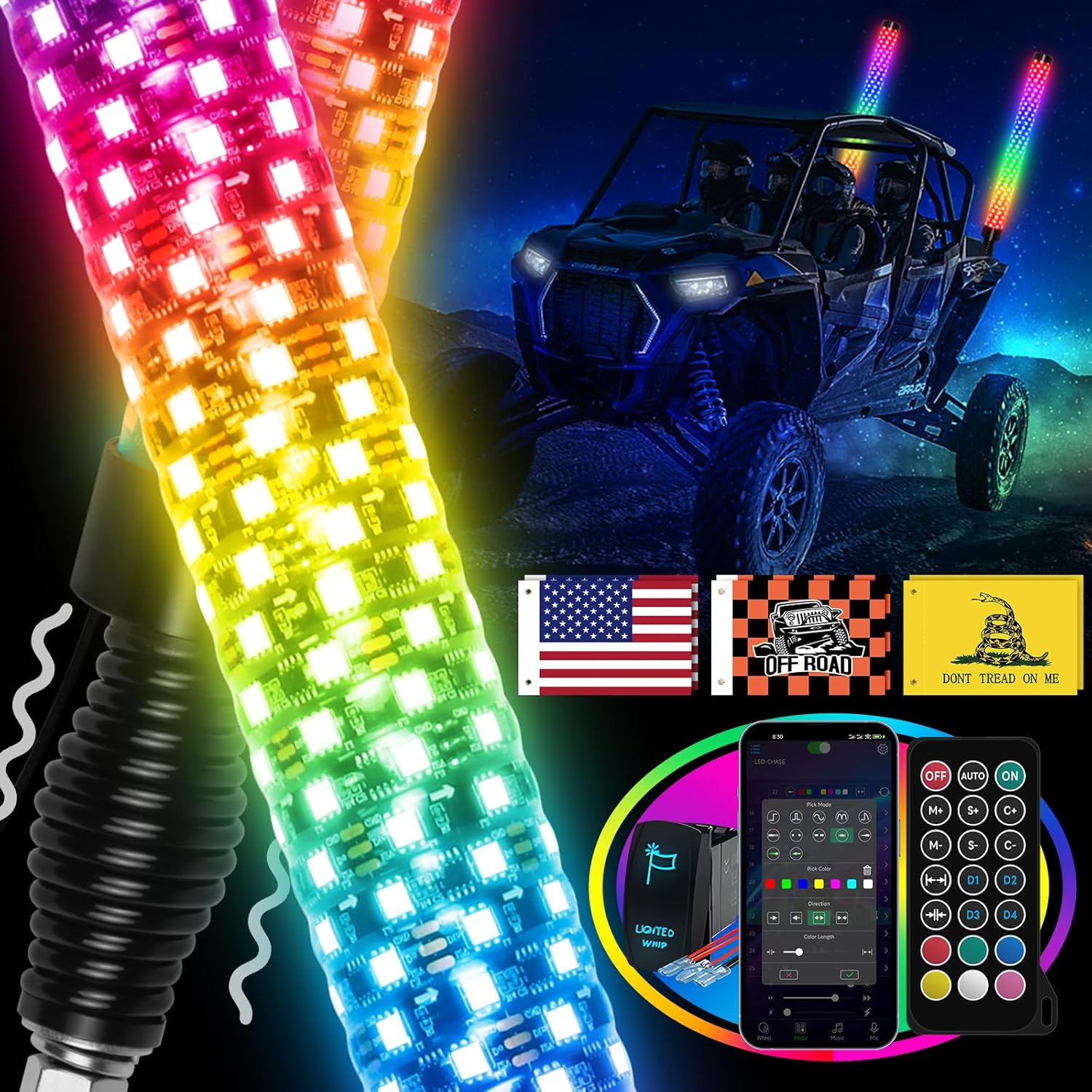 2PCS 2FT Fat Whip Lights with App & Remote Control for UTV