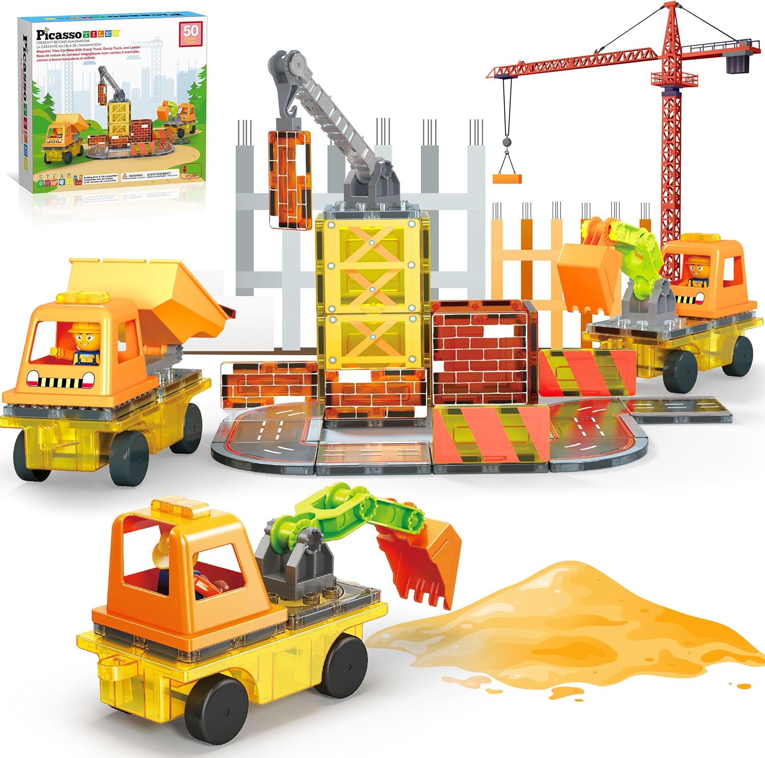 PicassoTiles 5-in-1 Construction Vehicle Magnet Tile Set for Kids