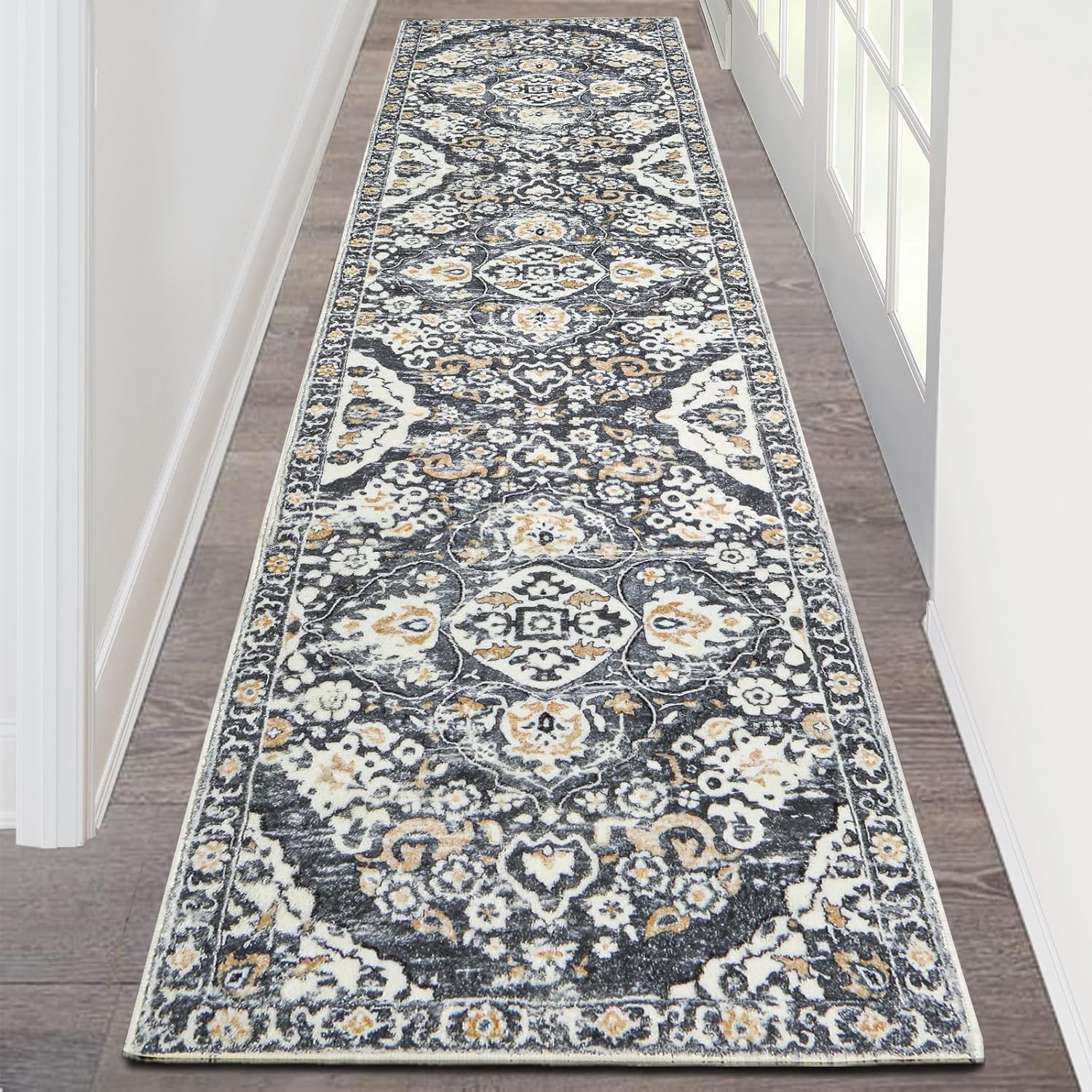 HEBE Hallway Runner Rug 2ftx8ft Vintage Distressed Non Slip