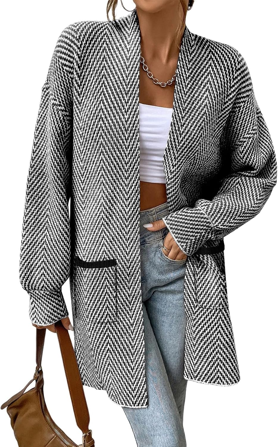 Sidefeel Womens Long Sleeve Open Front Chevron Cardigan Sweater