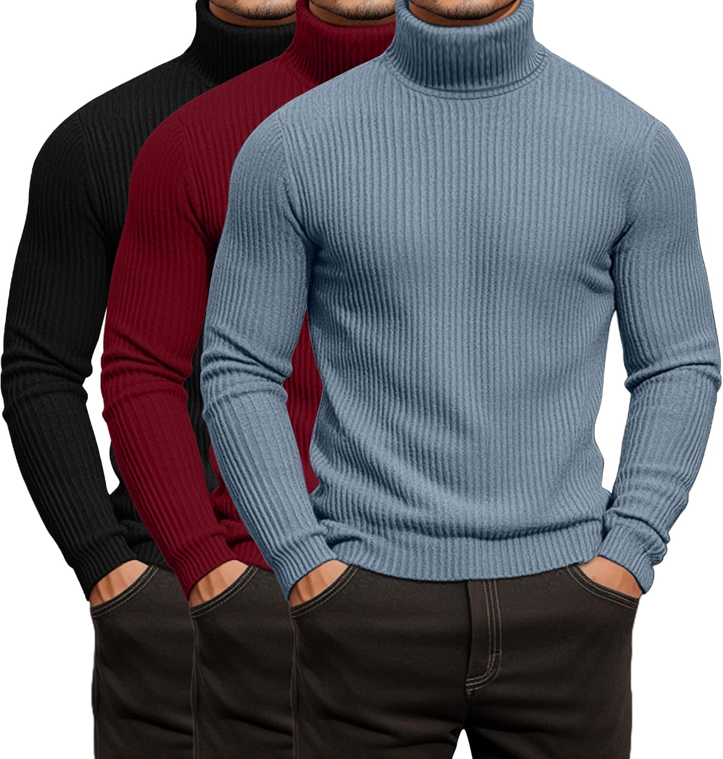 Men's Ribbed Turtleneck Shirts - Lightweight Long Sleeve Sweaters