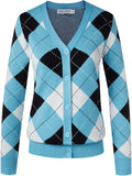 Womens Argyle V Neck Button Up Cardigan - Preppy Layering Favorite
