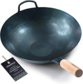 Mammafong Pre Seasoned Blue Carbon Steel Flat Bottom Wok 14 in