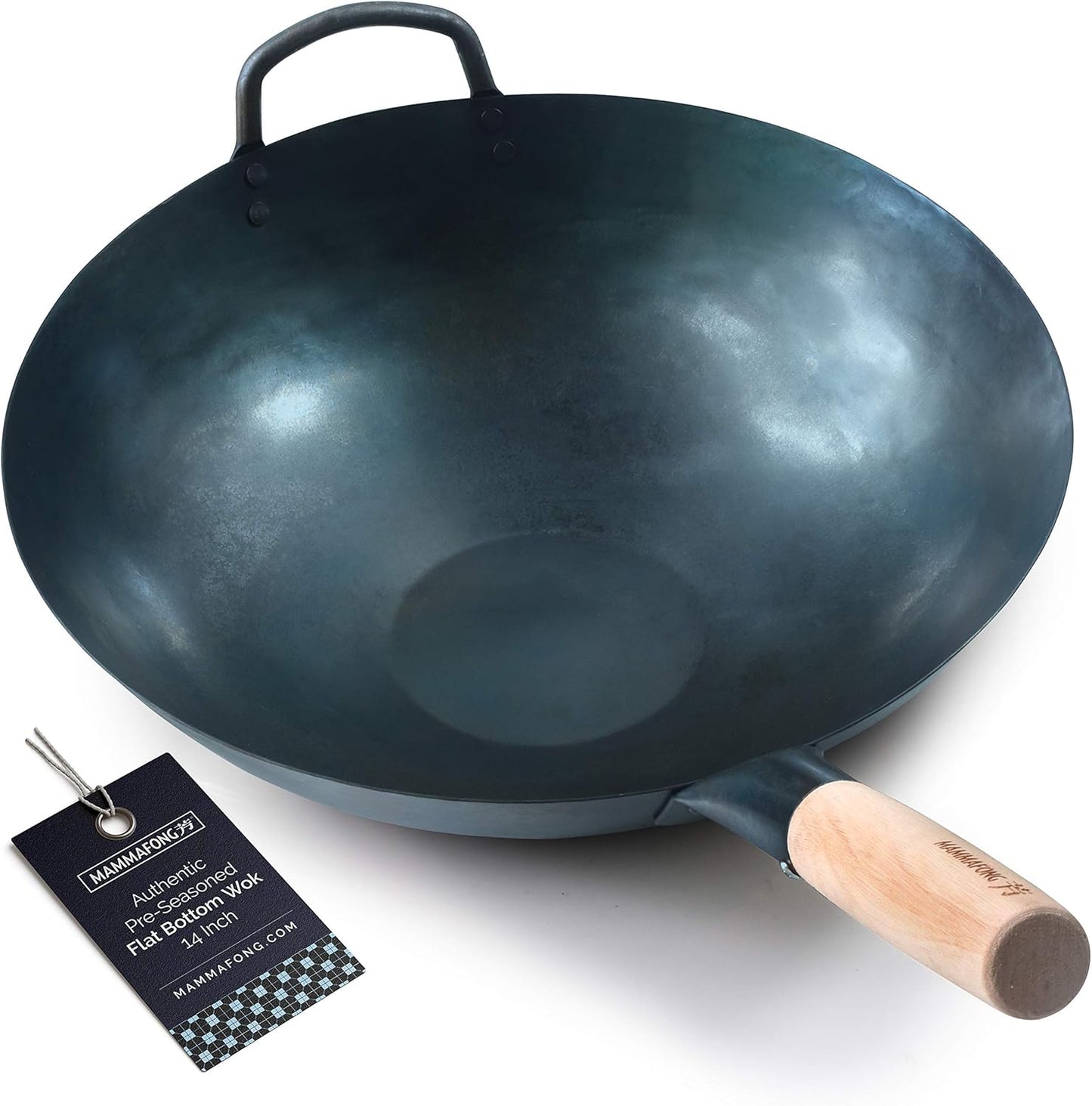 Mammafong Pre Seasoned Blue Carbon Steel Flat Bottom Wok 14 in