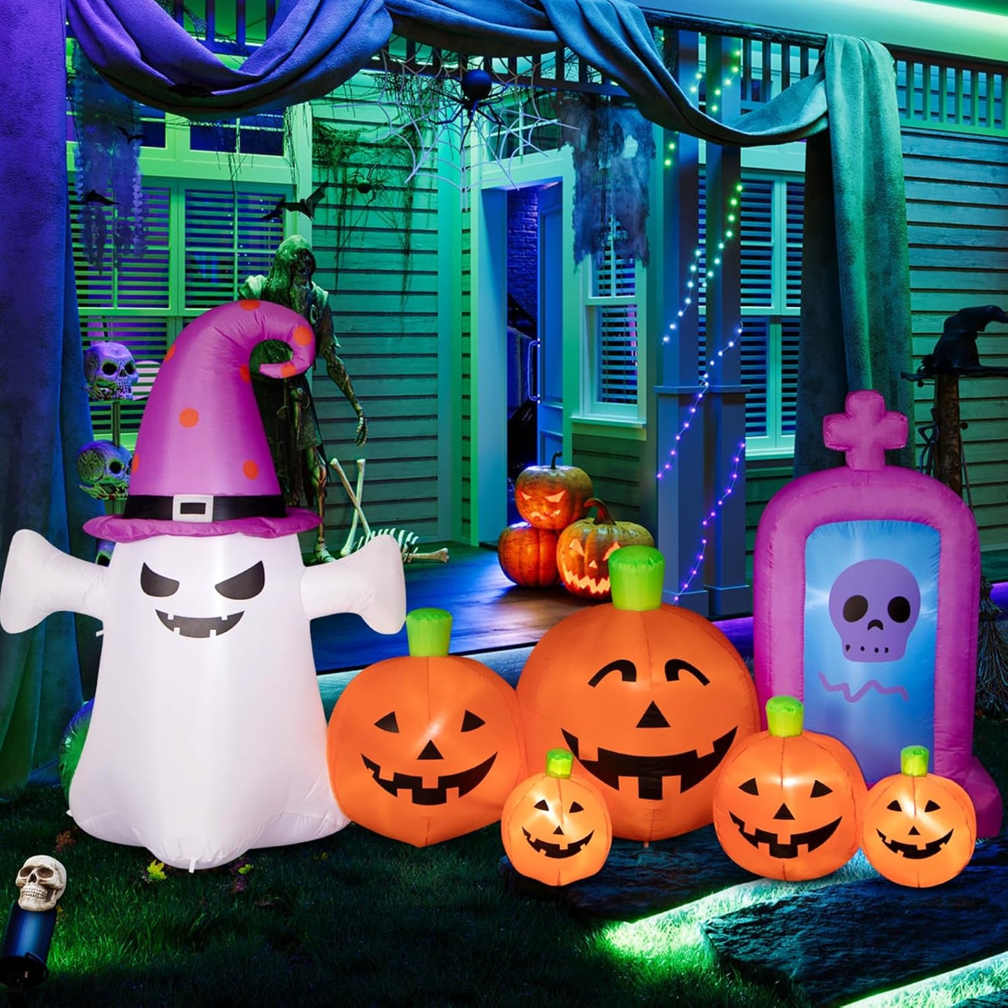 8FT Inflatable Pumpkin with Ghost and Tombstone for Halloween Fun