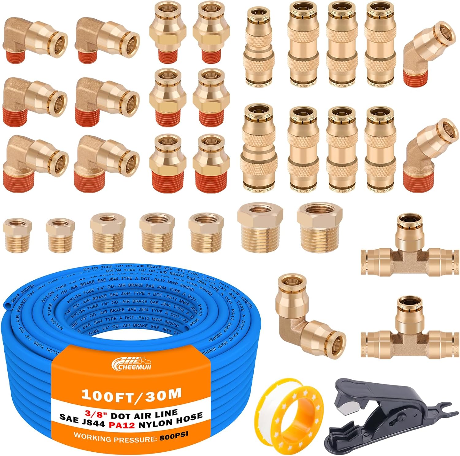 CheeMuii 3/8 Brass DOT Air Fittings and 100 FT Air Line Kit