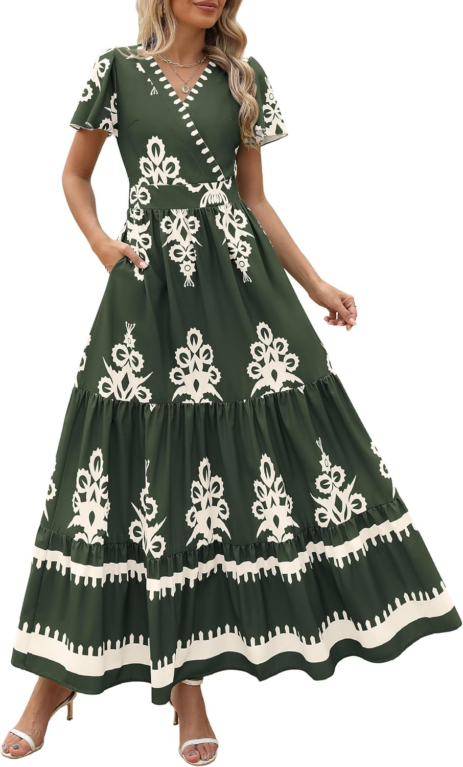 PRETTYGARDEN Womens Summer Casual V Neck Boho Maxi Dress
