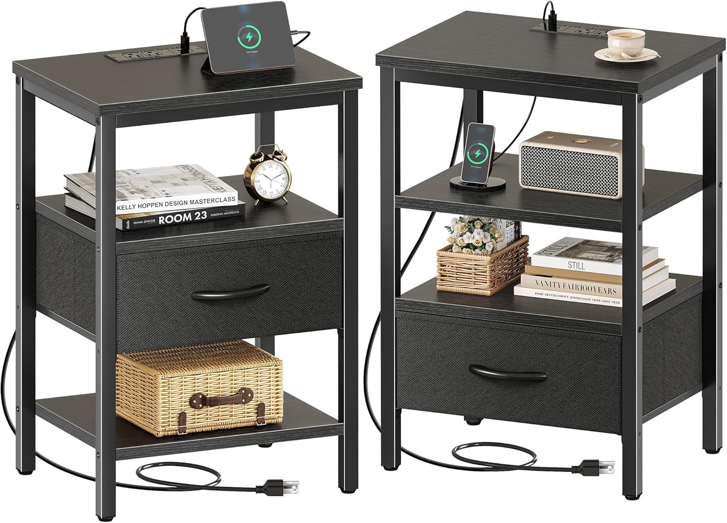 Nightstand Set of 2 with Charging Station and Adjustable Drawer
