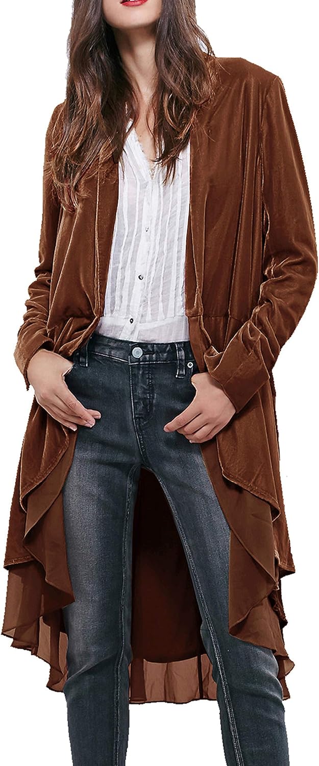 Ruffled Asymmetric Long Velvet Blazers for Women - Stylish Coat