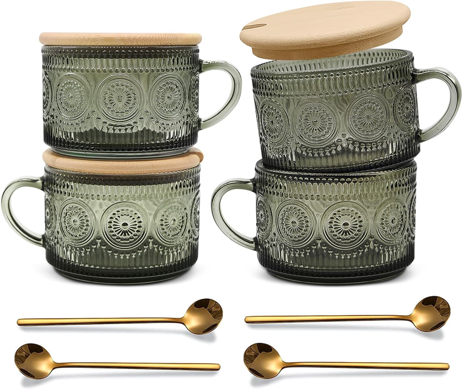Vintage Coffee Mugs Set of 4 Green Glass Cups with Lids