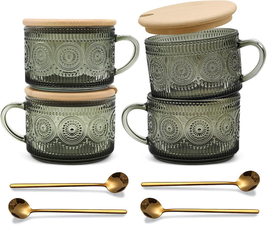 Vintage Coffee Mugs Set of 4 Green Glass Cups with Lids