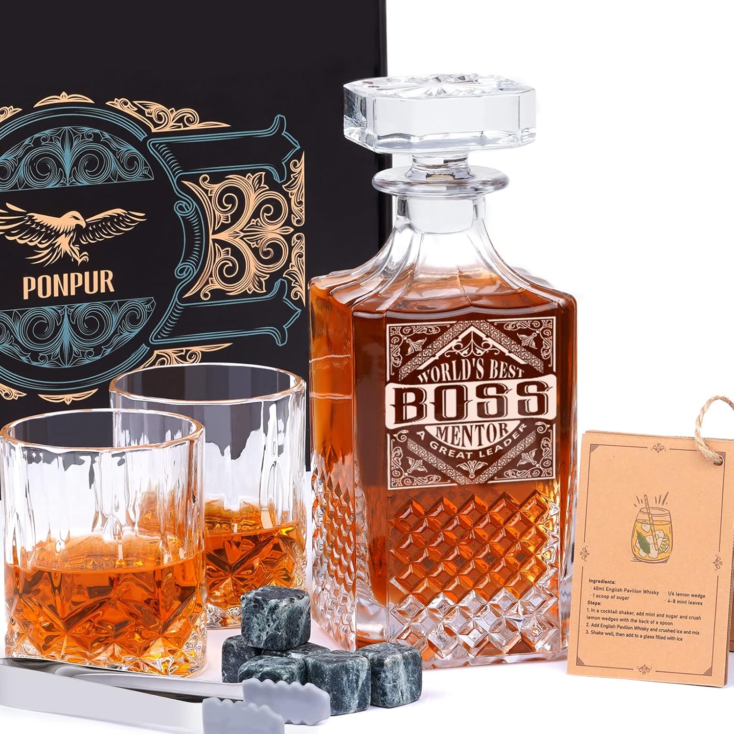 PONPUR Decanter Set for Boss Gifts - Unique Whiskey Present