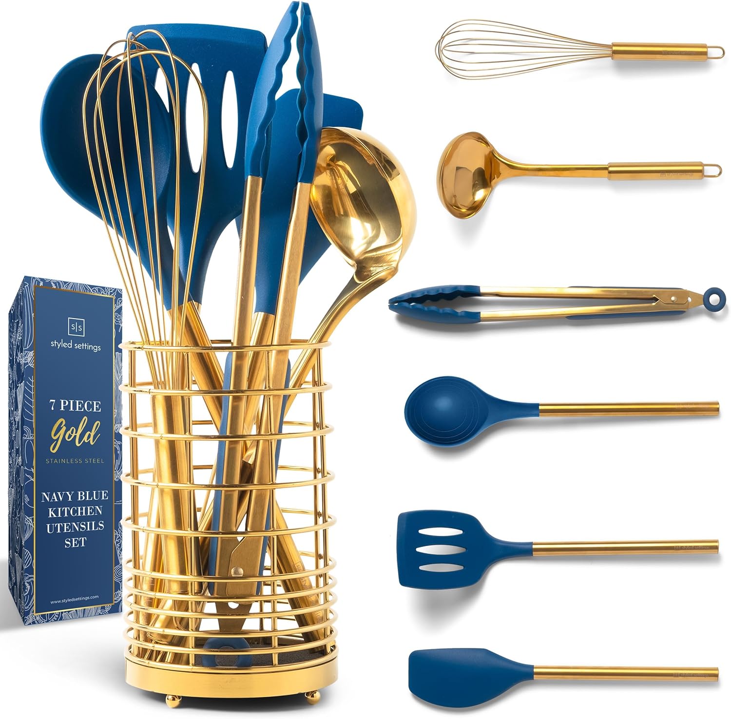 Gold and Navy Blue Kitchen Utensils Set for Modern Kitchens