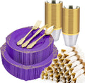 Purple and Gold Plastic Plates Set for 50 Guests - Elegant Disposable