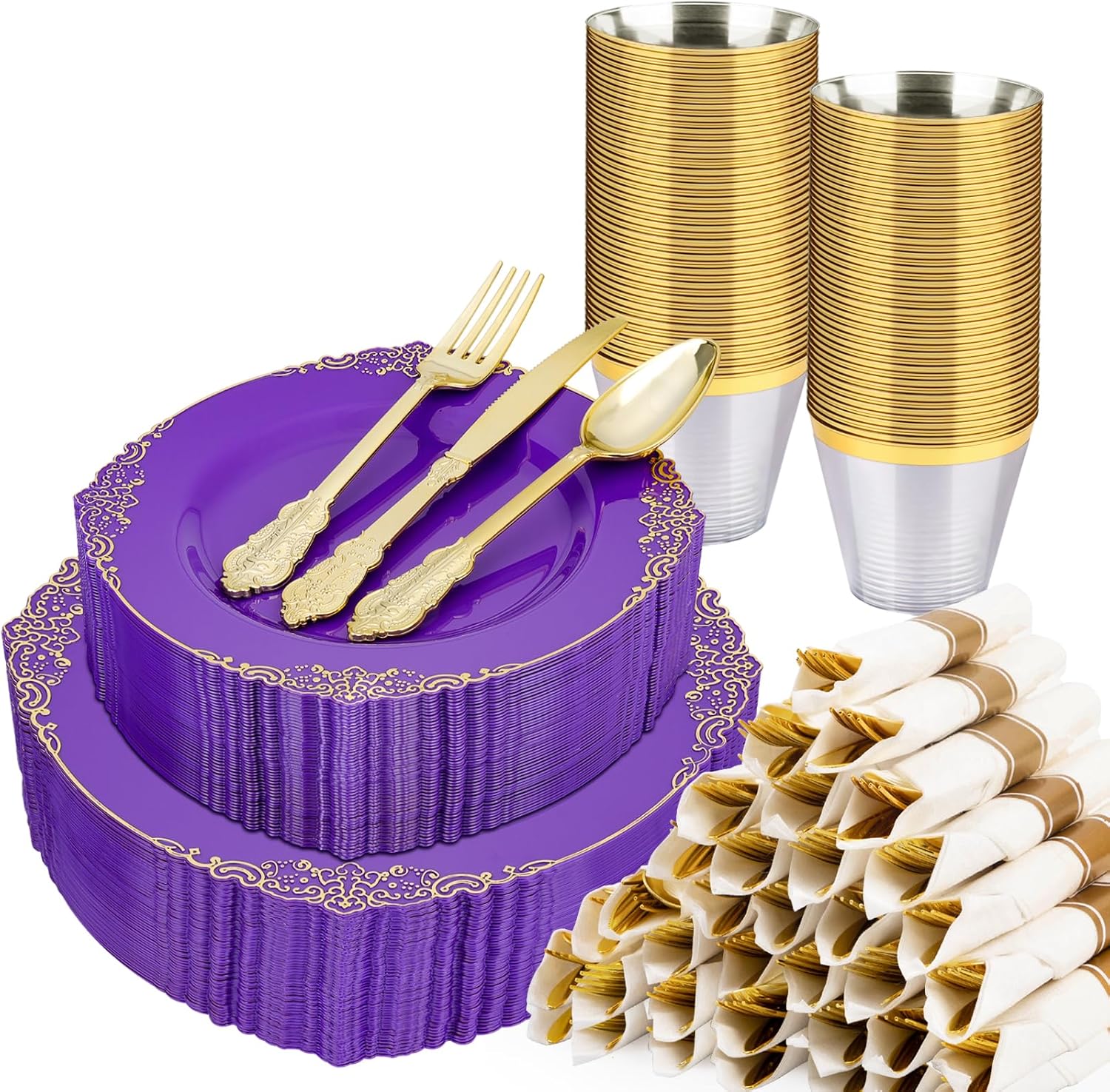 350 PCS Purple and Gold Plastic Plates for Elegant Gatherings