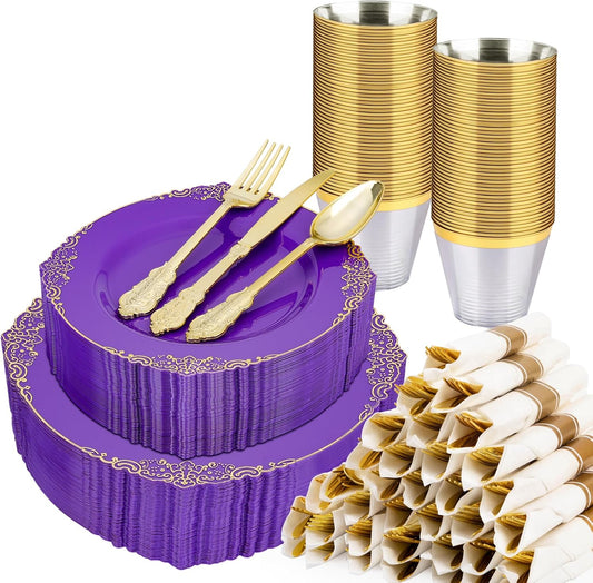 350 PCS Purple and Gold Plastic Plates for Elegant Gatherings