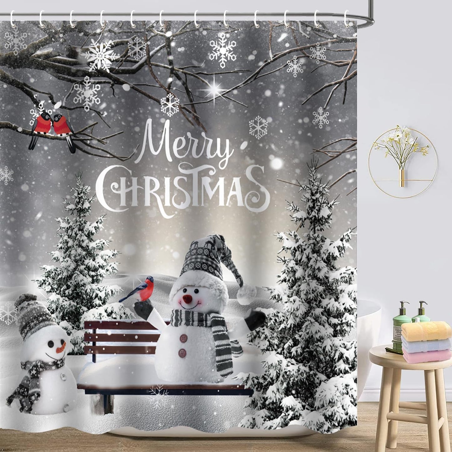 Christmas Kids Shower Curtain Set - White & Funny Decor 72X72