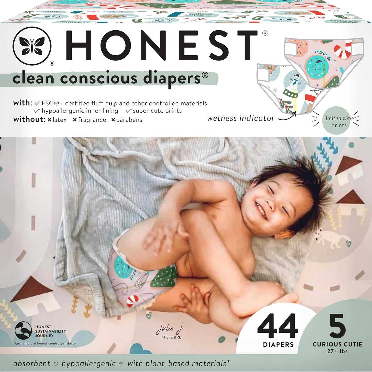 Honest Co Plant-Based Diapers | Winter '24 Limited Prints | Size 5, 44 Count