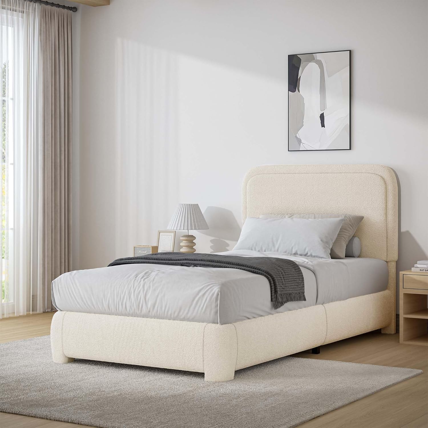 BarnFurin Twin Size Bed Frame with Cloud Boucle Upholstery