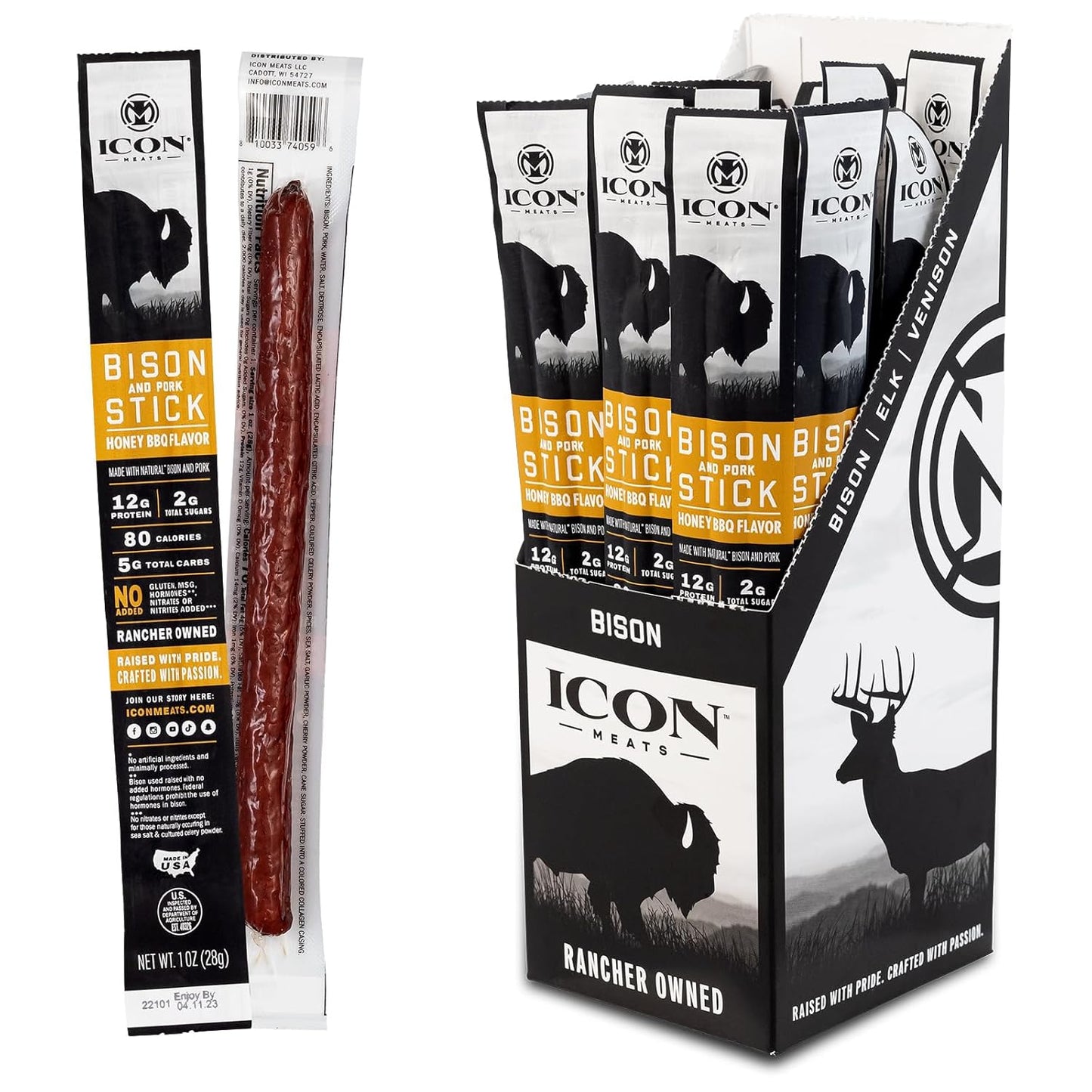 Bison and Pork Snack Sticks - Honey BBQ Flavor - 24 Pack