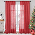 Red Linen Curtains 90 in Length - Semi Sheer Textured Panels