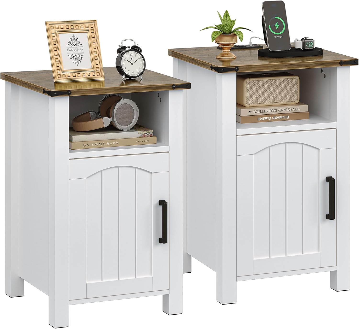 Farmhouse Nightstand Set with Charging Station for Modern Homes