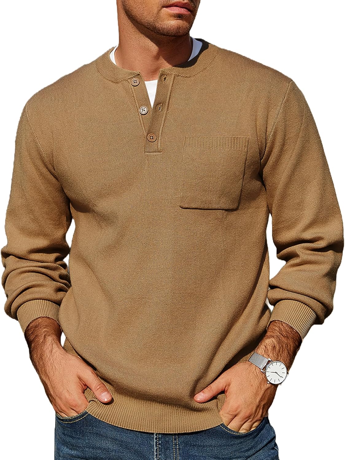 COOFANDY Soft Knit Henley Sweater with Pocket