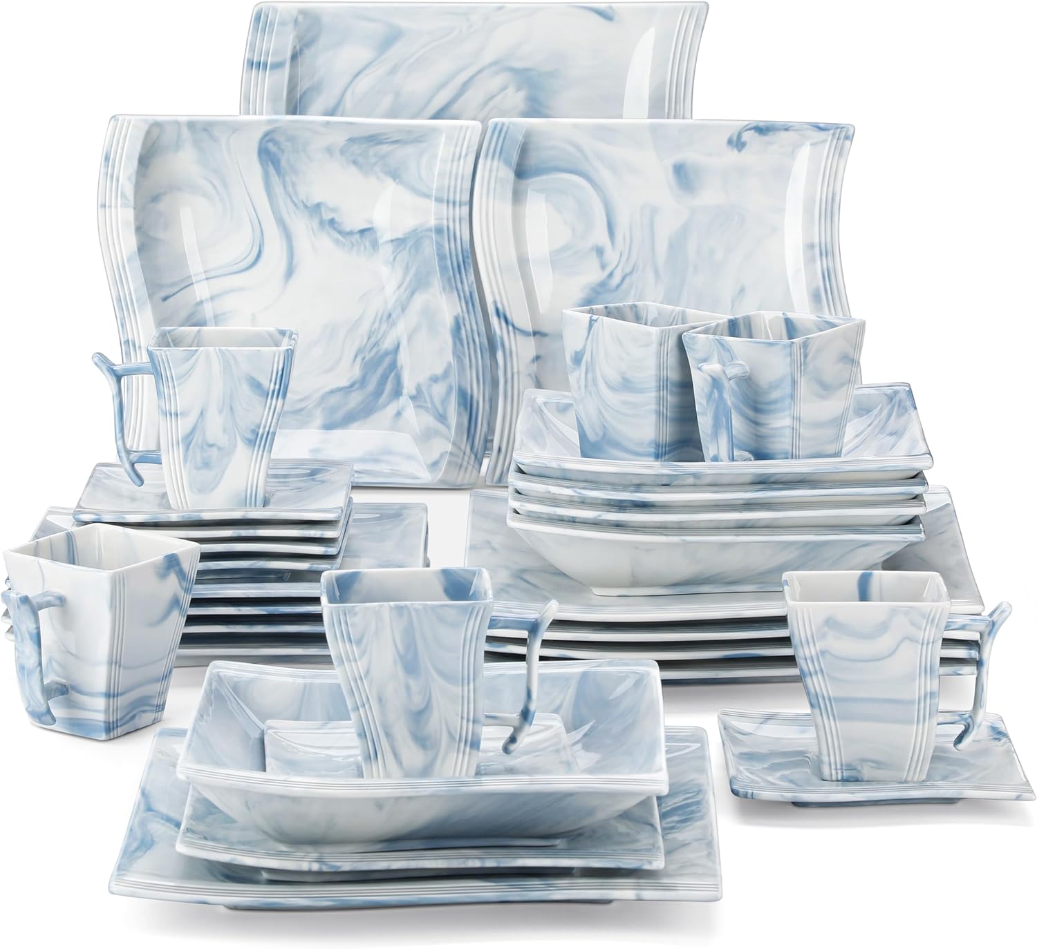 MALACASA Dinnerware Sets for 6, Modern Blue Porcelain Dishware