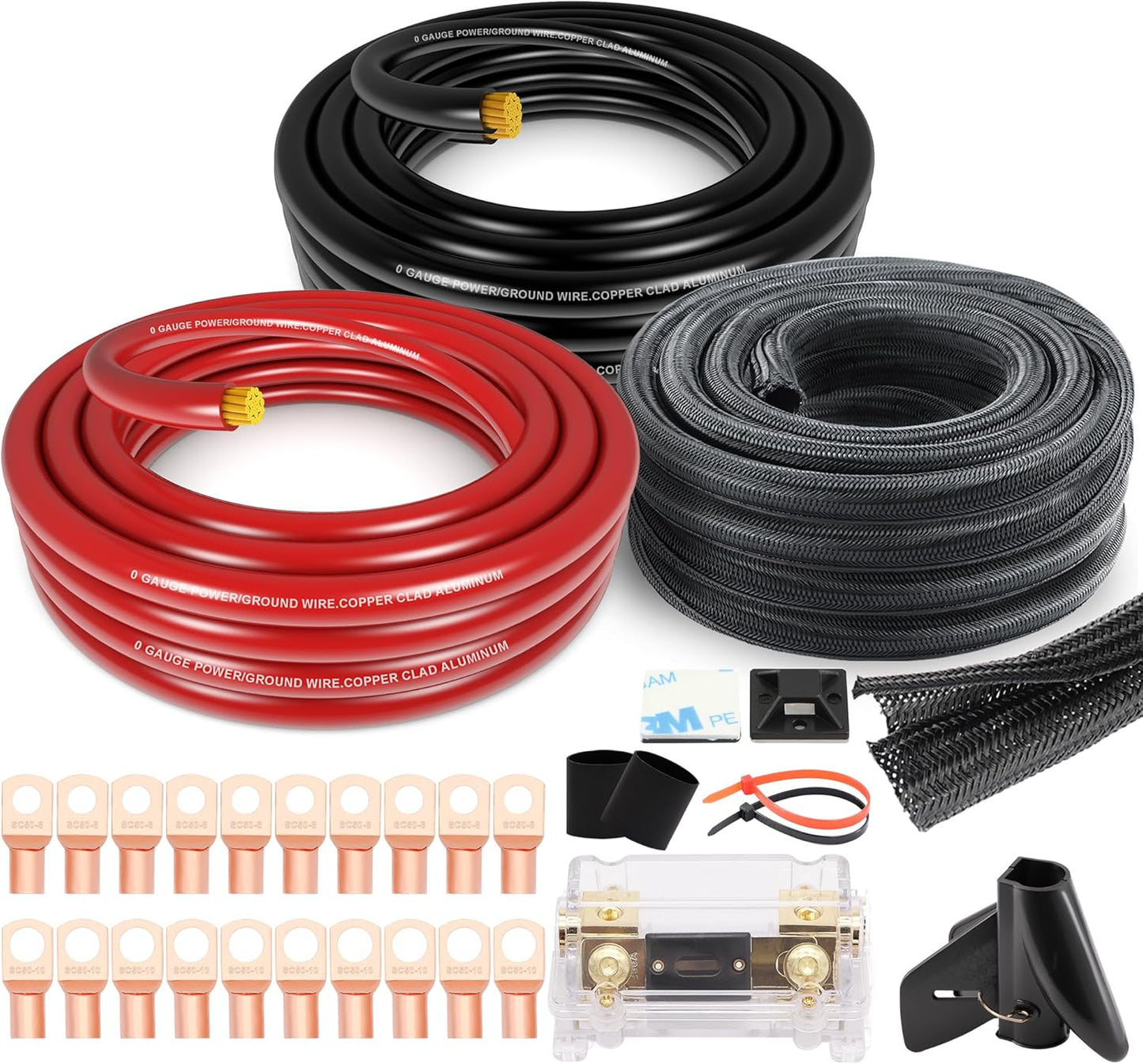 1/0 Gauge Wire CCA Power/Ground Cable Kit with Fuse and Sleeving