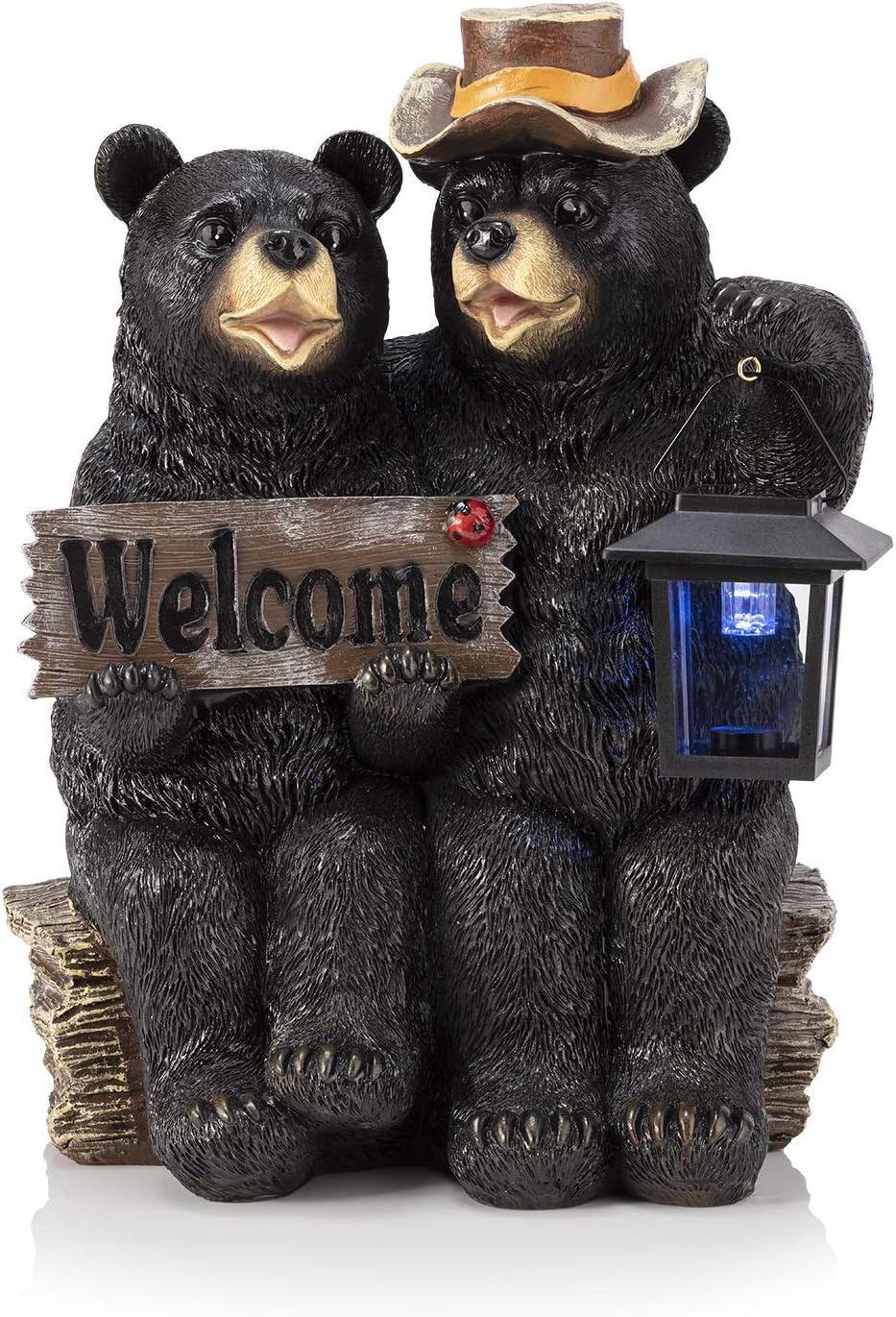 Outdoor Bear Couple Statue with Lantern and Solar LED Light