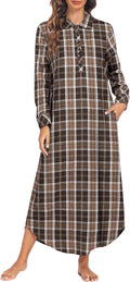 Cotton Nightgown Long Sleeve Plaid Sleep Shirt - Cozy, Full-Length
