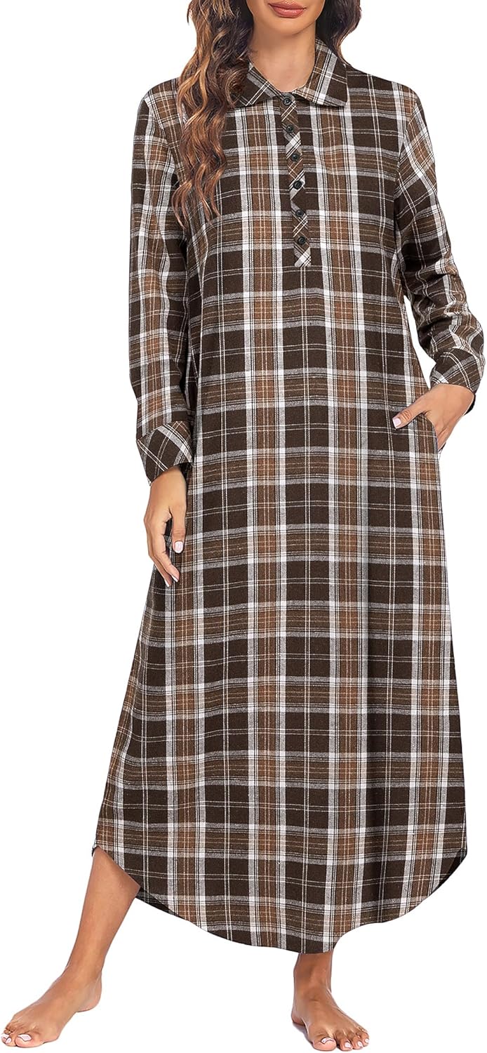 Ekouaer Women's Cotton Nightgown Long Sleeve Plaid Sleepwear