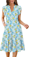 Womens Summer Ruffle Sleeve V Neck Midi Dress - Flowy Tiered
