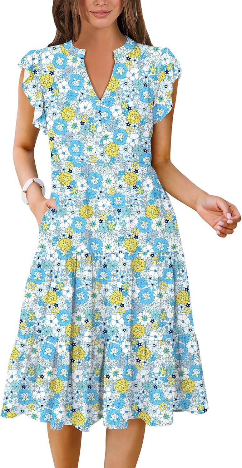 Womens Summer Dress Ruffle Sleeve V Neck Midi Casual Sundress